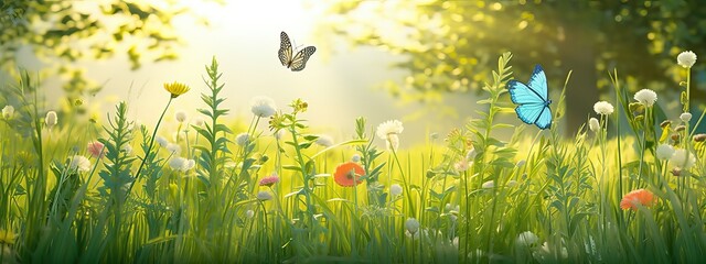 Fototapeta na wymiar summer forest glade with flowering grass and butterflies on a sunny day