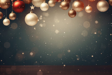 Hanging Gold, Red, and White Christmas Ornaments on Blue and Beige Backdrop with Snowfall Generative AI