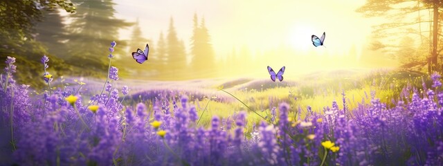 summer forest glade with flowering lavender flower and butterflies on a sunny day, back lighting, high key - obrazy, fototapety, plakaty
