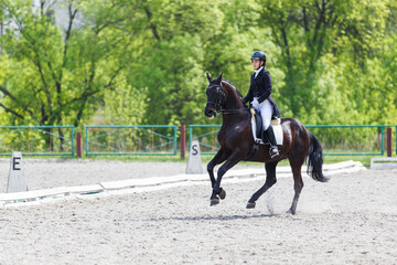 Young horse rider girl on her advanced dressage test in equestrian competition