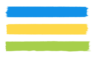 Colorful vector brush stroke set isolated on white background. Blue, yellow and green brush strokes collection. Hand drawn design elements. Vector illustration