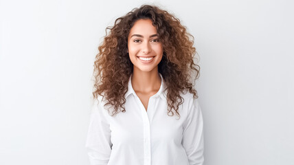 Portrait of a beautiful young woman standing and smiling on a white background, looks in camera.