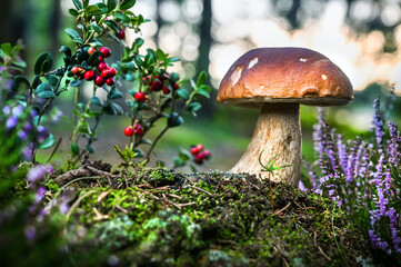 boletus edulis mushroom in the moss in the amazing forest