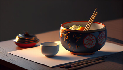 A bowl of food with chopsticks on a table, Ai generated image