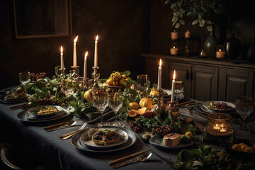 A fresh meal on a candlelit table indoors