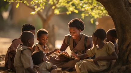 A group of African children are in school. An open-air lesson near a tree. - obrazy, fototapety, plakaty