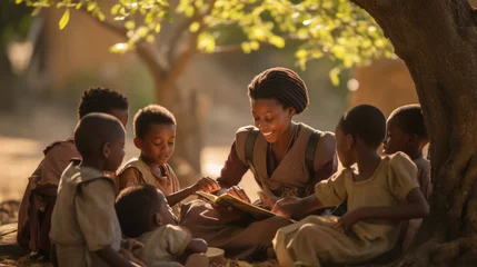  A group of African children are in school. An open-air lesson near a tree. © MP Studio