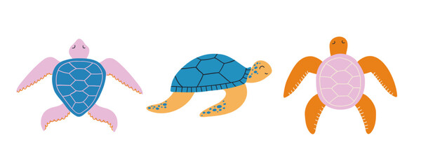 set of turtles in hand drawn flat style. vector illustration