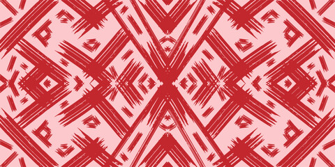 Grunge red background texture symmetrical, geometric, carpet, ikat. Abstract vector background