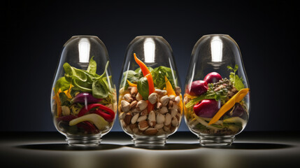 assorted vegetables in three jars on a white barely lit background with a black background