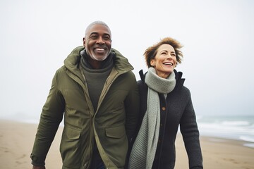 Loving middle aged couple durin outdoor walking on the evening beach in autumn time.