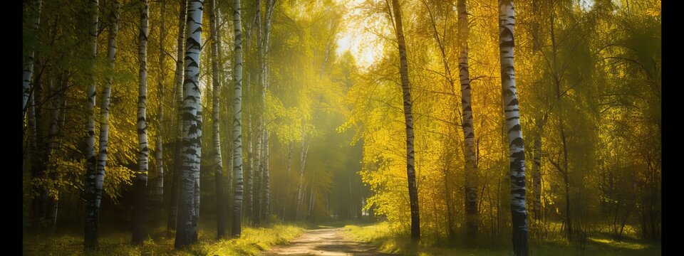 Sunbeams shine through the trees onto an empty road in a birch forest