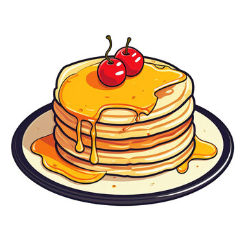 recommend clip art: Delicious pancake with honey syrup and cherries isolated on transparent background. Vector art cartoon style. Digital illustration generative AI.