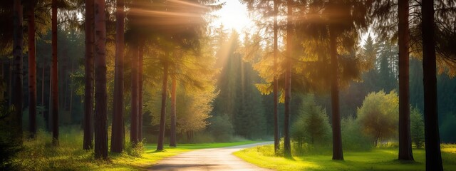 Fototapeta na wymiar Sunbeams shine through the trees onto an empty road in a pine forest