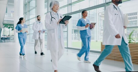 Teamwork, healthcare and walking with doctors in hospital for research, consulting and support. Medicine, medical and diversity with group of people in clinic for collaboration, report and surgery - Powered by Adobe