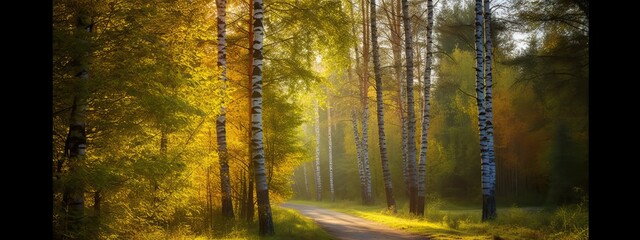Sunbeams shine through the trees onto an empty road in a birch forest