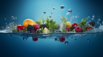fruit in water with cross section view and with black blue background