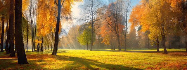 Sunny glade in the autumn park - obrazy, fototapety, plakaty