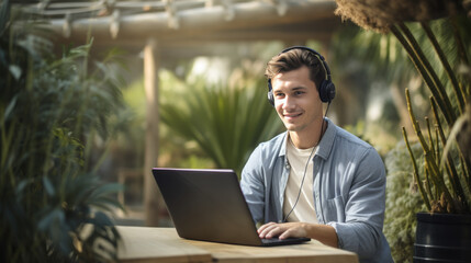 Young man smiles while he works on her laptop amongst the green zone in the office. Created with Generative AI technology.
