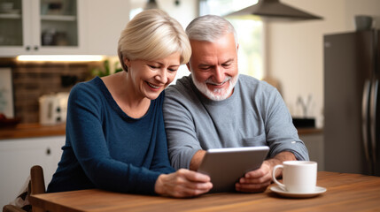 Senior couple with tablet relaxing at home. Created with Generative AI technology.