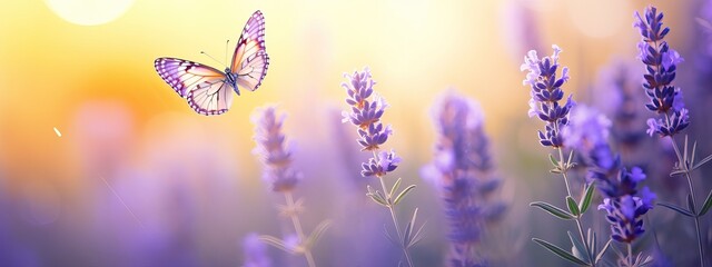 Sunny summer nature background with fly butterfly and lavender flowers with sunlight and bokeh....