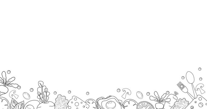 Black and white background with contour vegetables. Healthy food movement background. Eco food appears in the frame from below. Organic food. Video in 4k