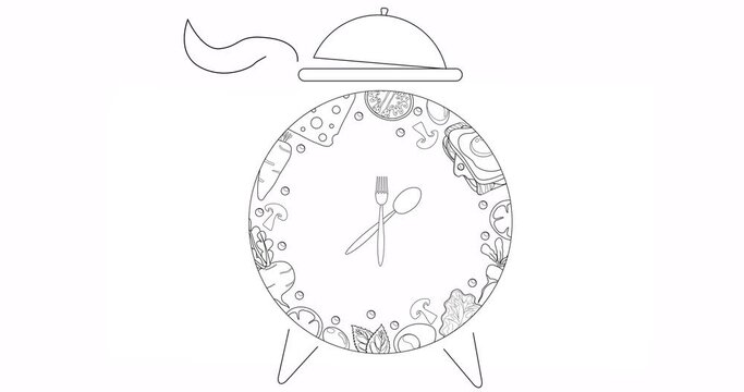 The alarm clock with the image of food, rings, and arrows in the form of a spoon and fork spinning in a circle. Cloche opens from above and steam comes out of it