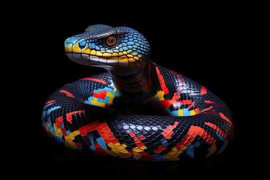 Colourful Illustration of a blue python on a black background