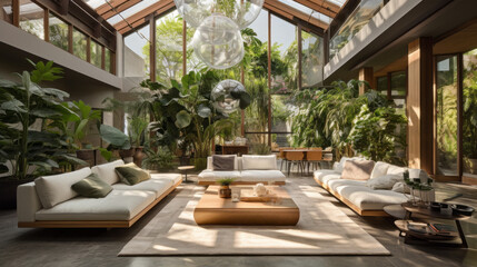 Fototapeta na wymiar luxurious living room with high ceiling and exotic plants