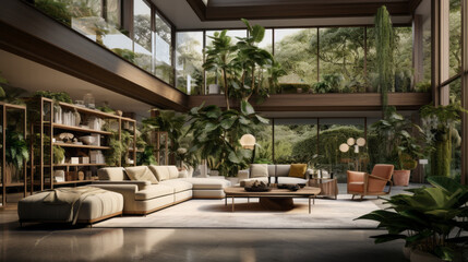 luxurious living room with high ceiling and exotic plants