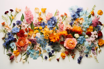 Fototapeta na wymiar Beautiful exotic flowers spread on the floor, blue, red, pink color flowers. Generative Ai