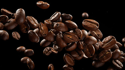 Coffee beans levitate on a black background. Created with Generative AI technology.