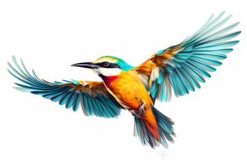 Beautiful exotic bird flying on a white canvas background. Generative Ai