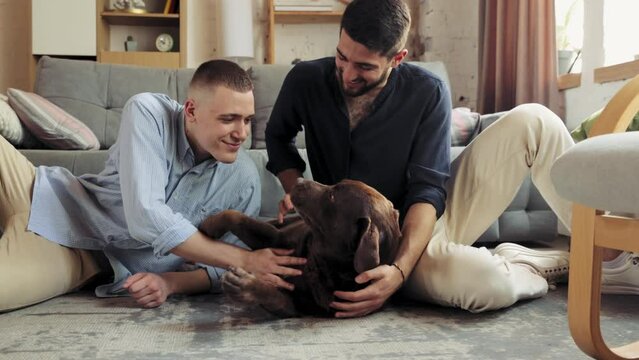 Happy homosexual couple, handsome men sitting at home in living room and playing with brown labrador dog. Gentle look. Concept of relationship, happiness, animals, lgbt community
