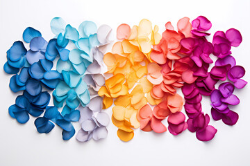 Multicolor petal of flowers spread on the floor, white canvas, red, purple, blue, orange color flower petals. Generative Ai