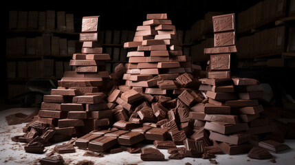 a pile of chocolates stacked on the floor  in a dark room