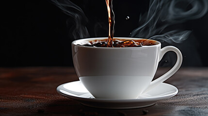Splashes and bursts of hot flavoured coffee with steam, smoke in a white cup on a dark background. Created with Generative AI technology.