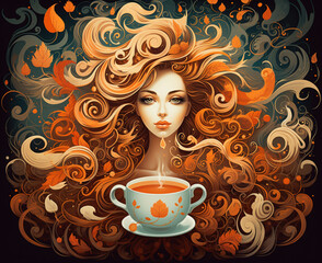 girl with a cup of coffee illustration fall autumn cozy leaves lead 