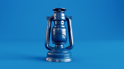 3D render of Metallic vintage oil lamp, kerosene lamp isolated on blue background,
