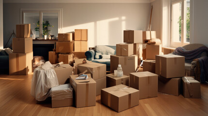 A pile of moving boxes in the room. Created with Generative AI technology.