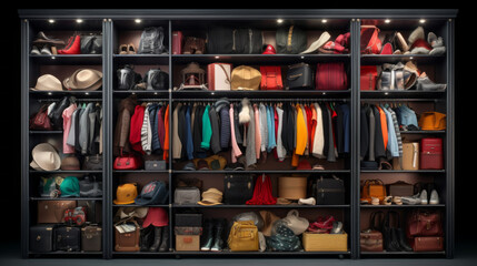 a large closet full of clothes in the dark