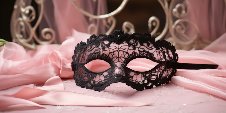Black elegant lace eye mask lying on pastel pastel pink satin fabric. Female gothic carnival mask wallpaper.