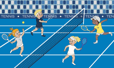 Mixed doubles tennis. One boy and one girl per team playing on tennis court. Cartoon vector illustration. Sport.