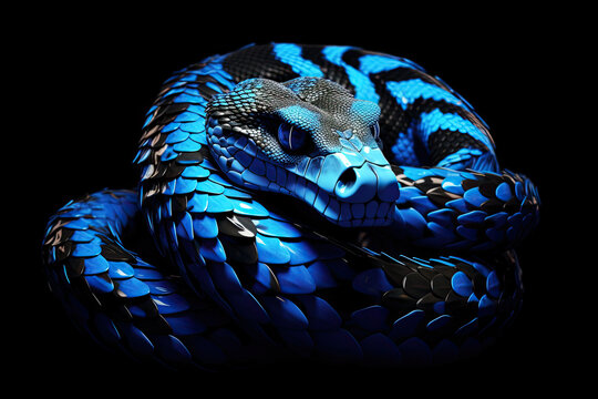 Illustration of a blue python on a black background