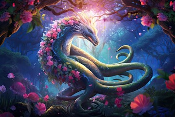 Fototapeta na wymiar Fabulous dragon snake with white flowers as a symbol of power of love
