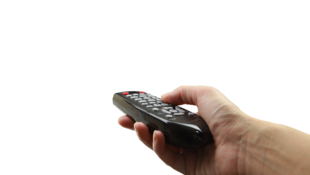 Remote control in hand isolated on white transparent background, PNG. 