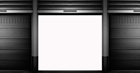 Open steel shutter door of warehouse, storage or storefront for metal door background and textured.