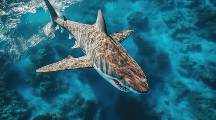 Naklejka na ściany i meble Big shark in the ocean. Top view. Created with Generative AI technology.
