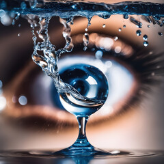 Encanto Acuático en un Diseño Abstracto: Cautivadora imagen donde una salpicadura en forma de copa invisible se funde con un gran ojo detrás. IA generativa