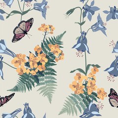 Fototapeta na wymiar Seamless vector illustration with field flowers , plantain and butterflies.